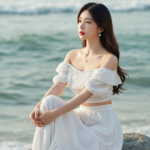 Chân dung thanh lịch của cô gái trẻ bên bờ biển với ánh sáng tự nhiên tuyệt đẹp