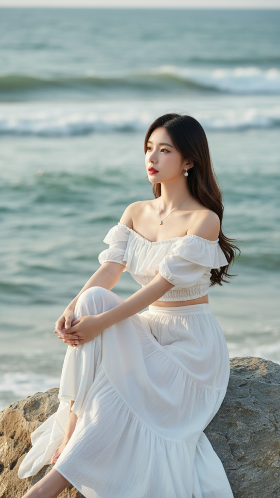 Chân dung thanh lịch của cô gái trẻ bên bờ biển với ánh sáng tự nhiên tuyệt đẹp