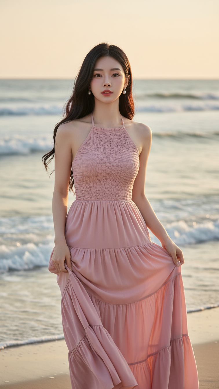 Chân dung cô gái trẻ bên bờ biển với phong cách thanh lịch và tự nhiên