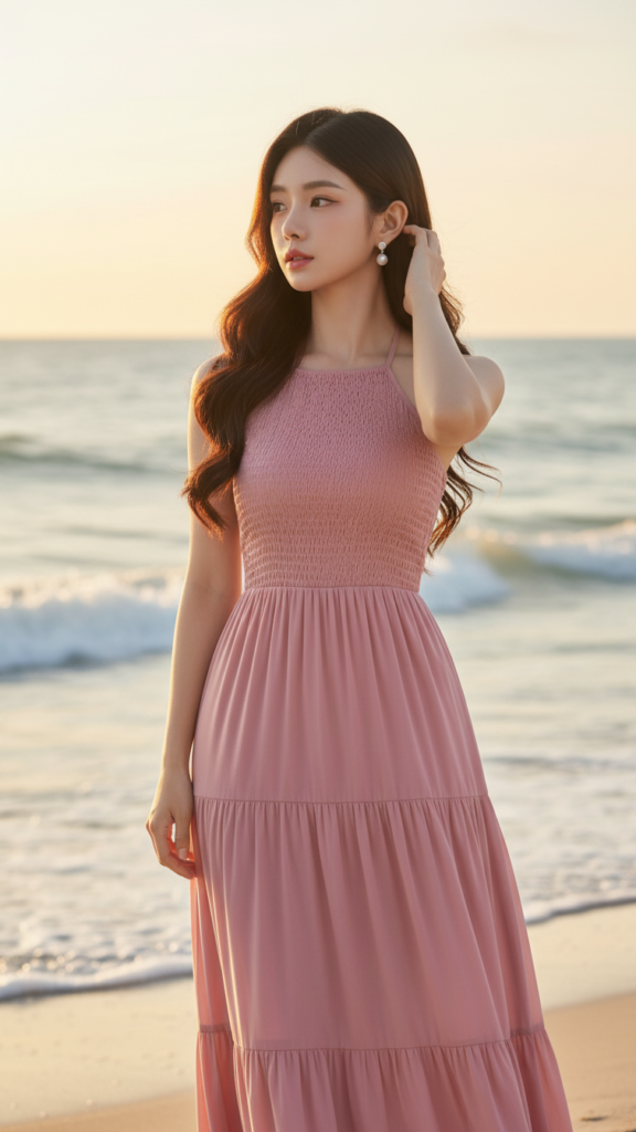 Bức chân dung thực tế của cô gái trẻ bên bờ biển với phong cách thanh lịch.