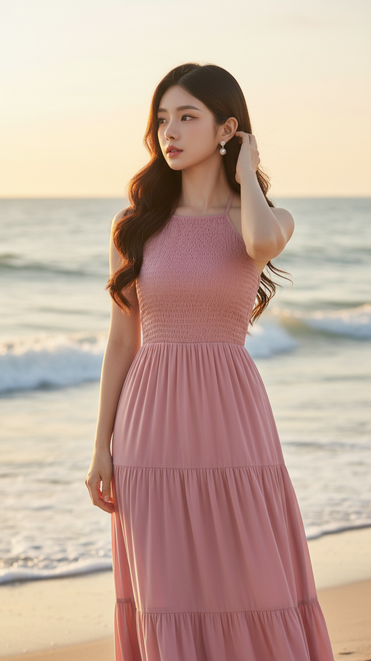 Bức chân dung thực tế của cô gái trẻ bên bờ biển với phong cách thanh lịch.