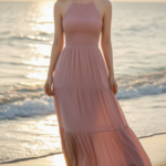 Chân dung thanh lịch của cô gái trẻ bên bờ biển dưới ánh hoàng hôn