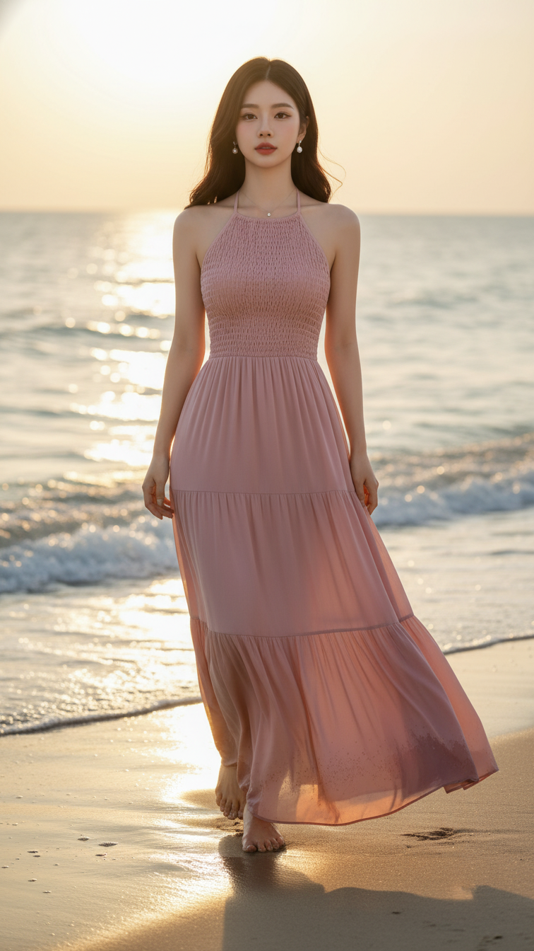 Chân dung thanh lịch của cô gái trẻ bên bờ biển dưới ánh hoàng hôn