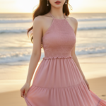 Chân dung cô gái trẻ thanh lịch bên bờ biển dưới ánh hoàng hôn tuyệt đẹp