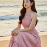 Chân dung thời trang sang trọng bên bờ biển vào hoàng hôn