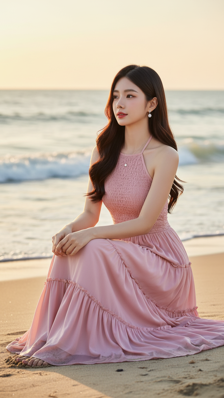 Chân dung thời trang sang trọng bên bờ biển vào hoàng hôn