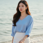 Chân dung cô gái trẻ bên bờ biển thanh bình và quyến rũ.