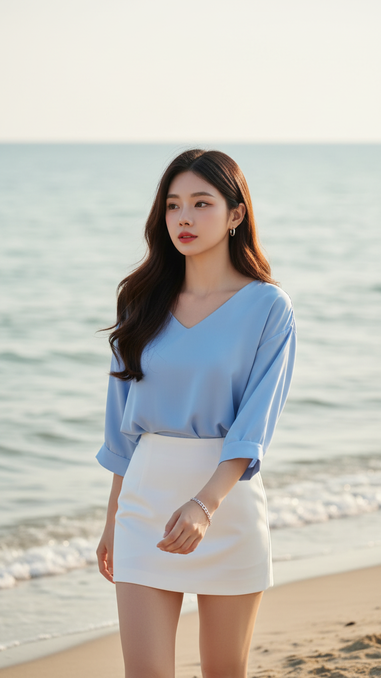 Chân dung cô gái trẻ bên bờ biển thanh bình và quyến rũ.