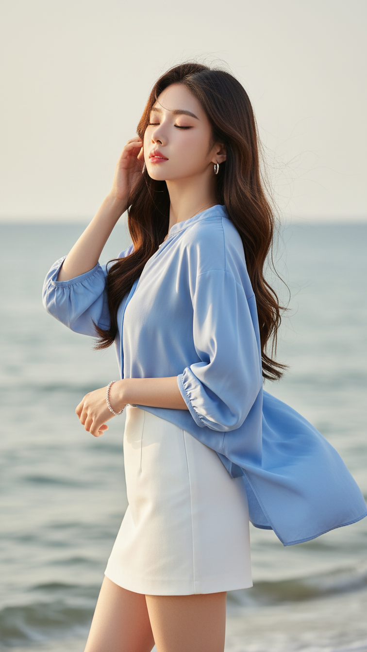Chân dung cô gái trẻ tự tin bên bờ biển với vẻ đẹp tự nhiên và thanh lịch