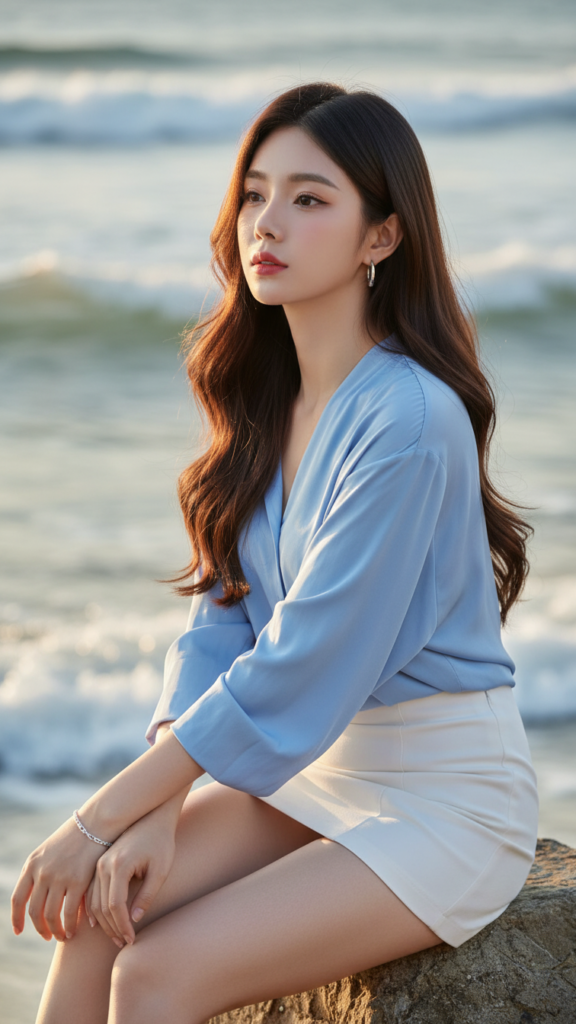 Chân dung thanh lịch của cô gái trẻ bên bờ biển tuyệt đẹp
