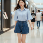 Vẽ chân dung thực tế của cô gái trẻ tự tin và thanh lịch tại trung tâm thương mại