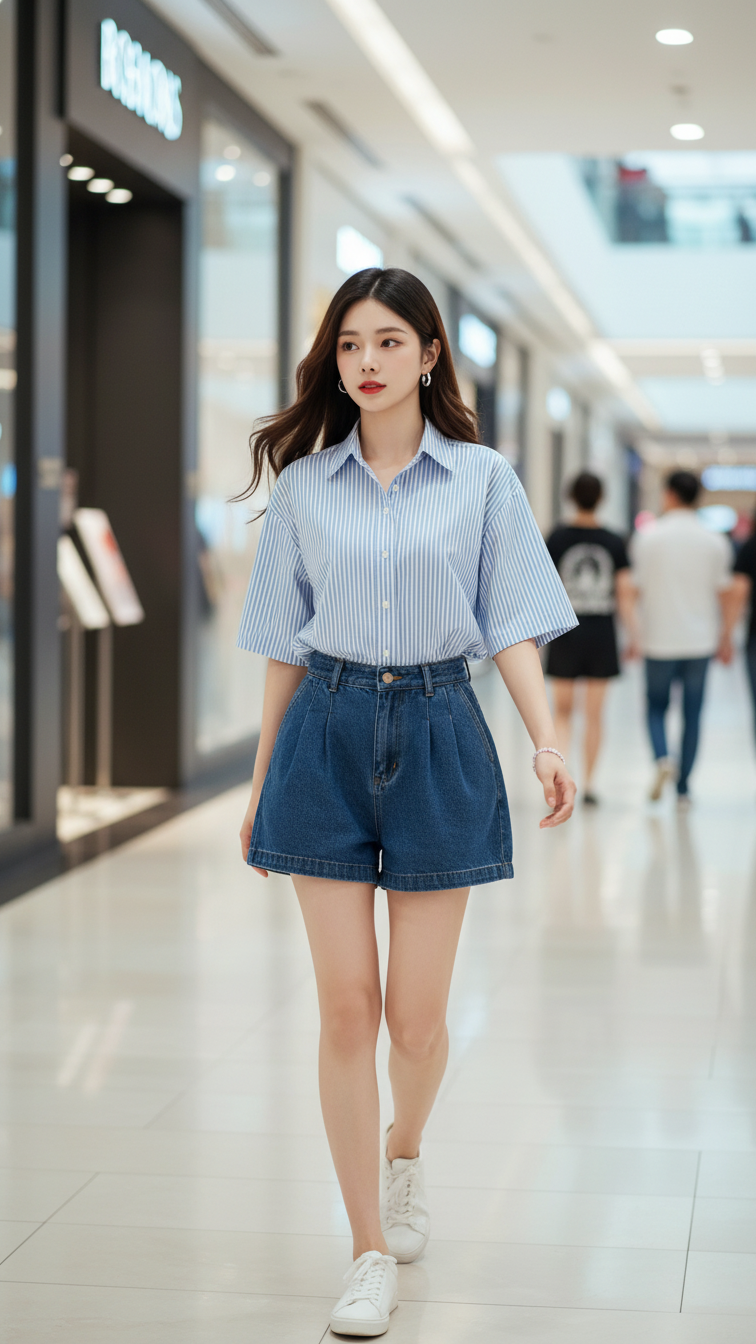 Vẽ chân dung thực tế của cô gái trẻ tự tin và thanh lịch tại trung tâm thương mại