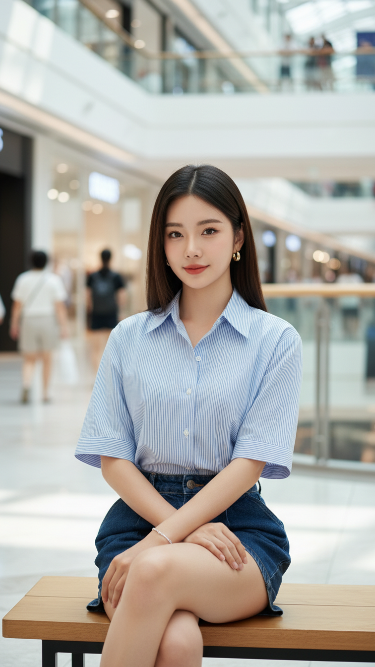 Chân dung nữ thanh niên tự nhiên giữa không gian hiện đại tại trung tâm mua sắm