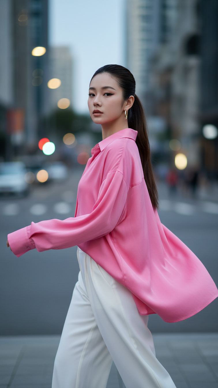 Chân dung cô gái trẻ với phong cách thời trang hiện đại và nền đô thị sang trọng