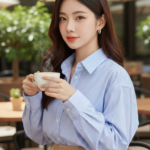 Chân dung cô gái trẻ tự tin và quyến rũ tại quán cà phê ngoài trời