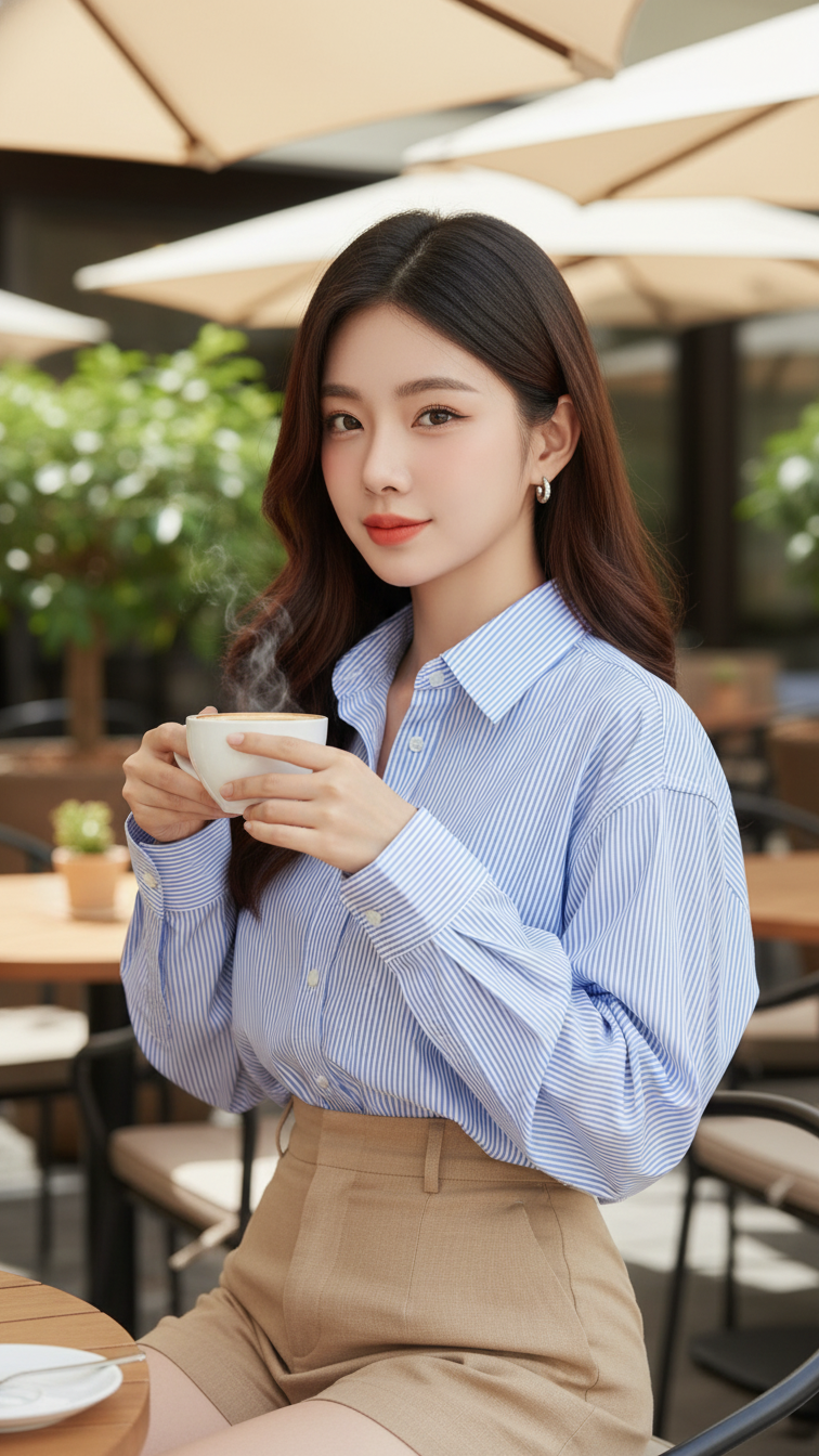 Chân dung cô gái trẻ tự tin và quyến rũ tại quán cà phê ngoài trời