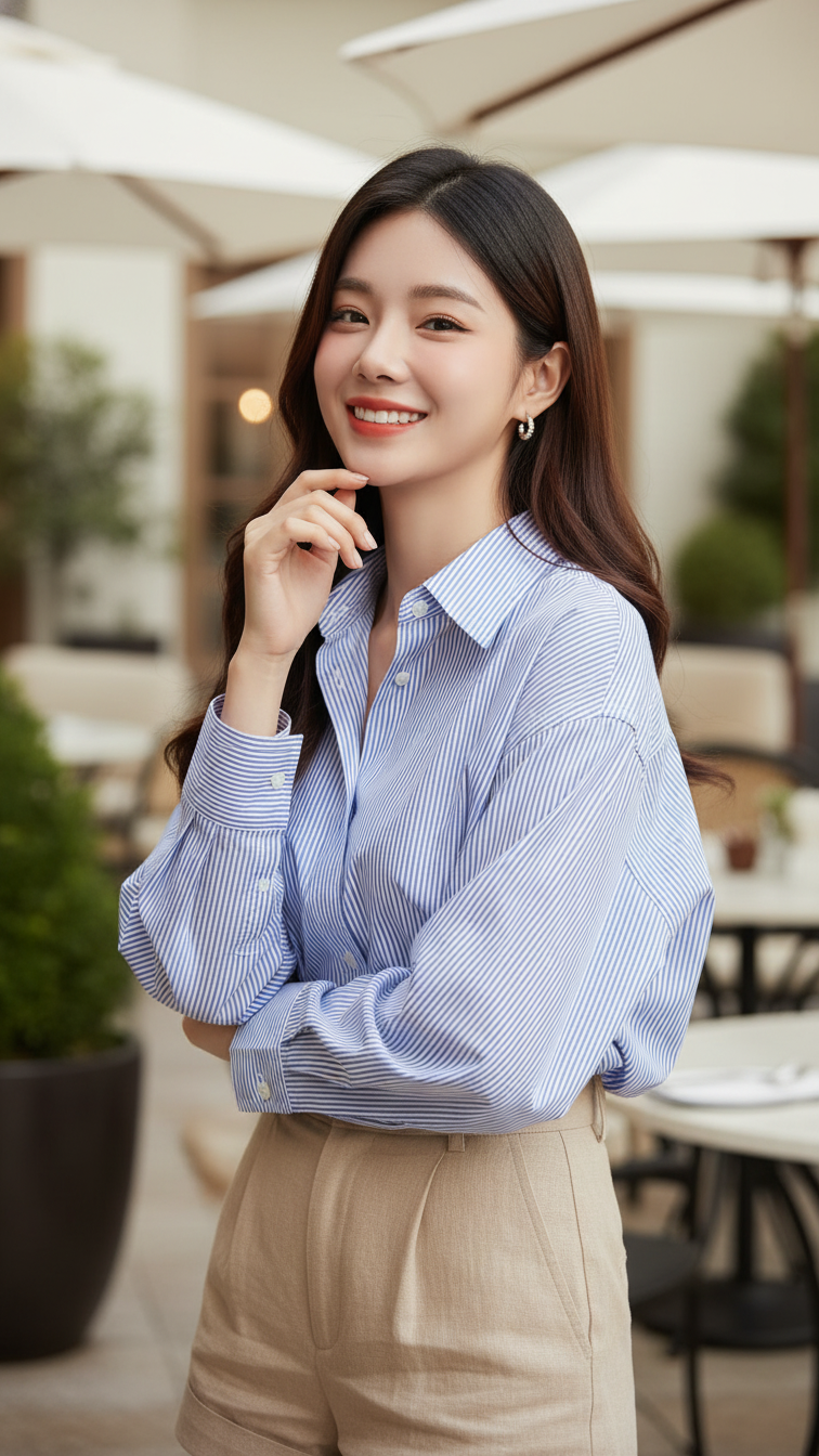 Chân dung cô gái trẻ tự tin tại quán cafe sang trọng giữa trời nắng