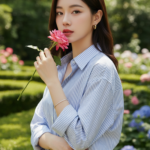 Chân dung nữ thanh lịch trong vườn xanh tươi đầy sức sống.