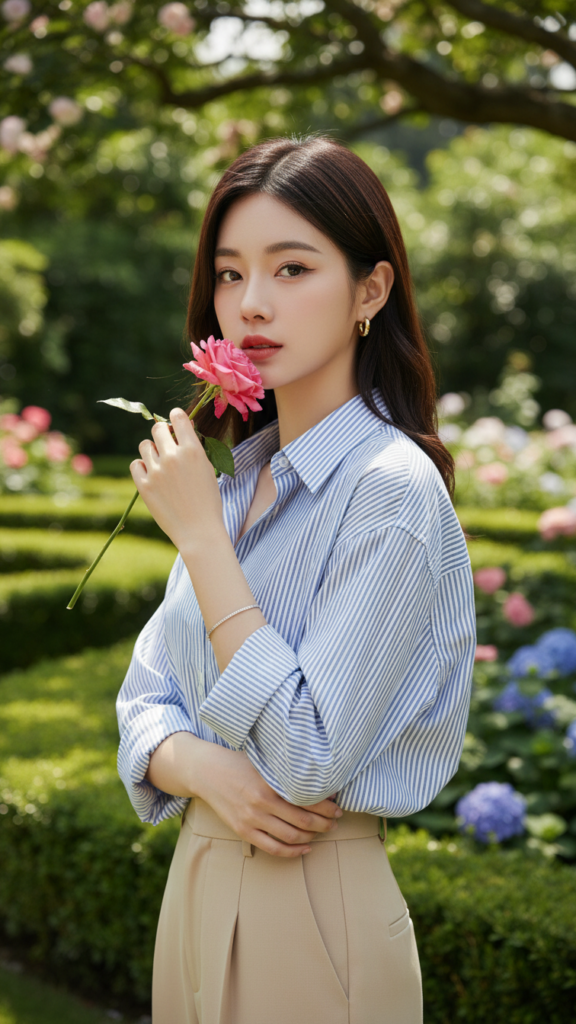Chân dung nữ thanh lịch trong vườn xanh tươi đầy sức sống.