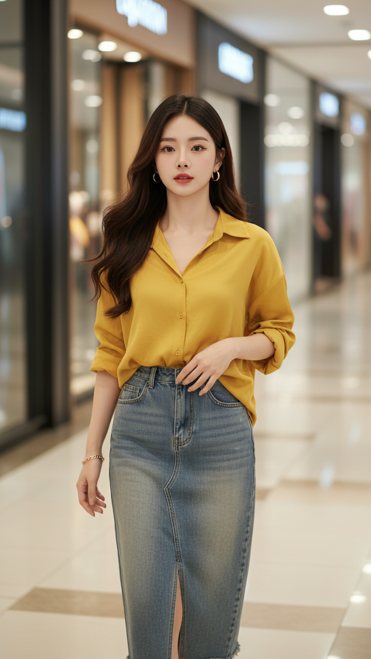 Chân dung thiếu nữ tự tin trong không gian mua sắm hiện đại