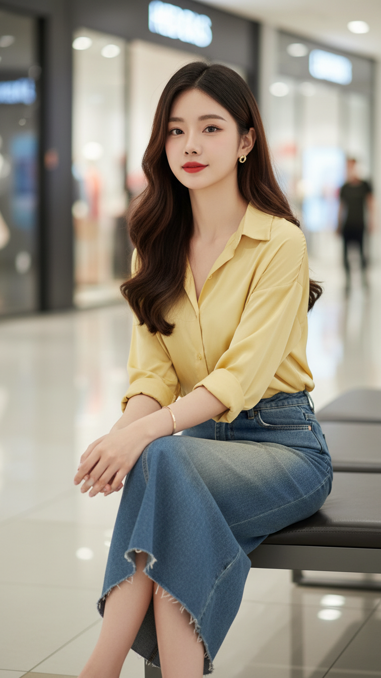 Chân dung sự tự tin của cô gái trẻ tại trung tâm mua sắm hiện đại.