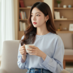 Chân dung thanh lịch của cô gái trẻ trong không gian ấm cúng và ánh sáng tự nhiên