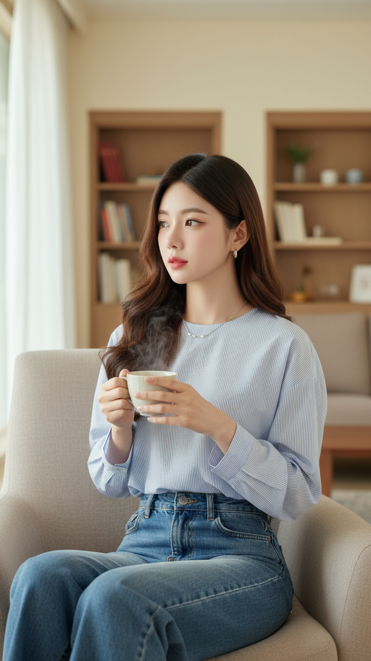 Chân dung thanh lịch của cô gái trẻ trong không gian ấm cúng và ánh sáng tự nhiên