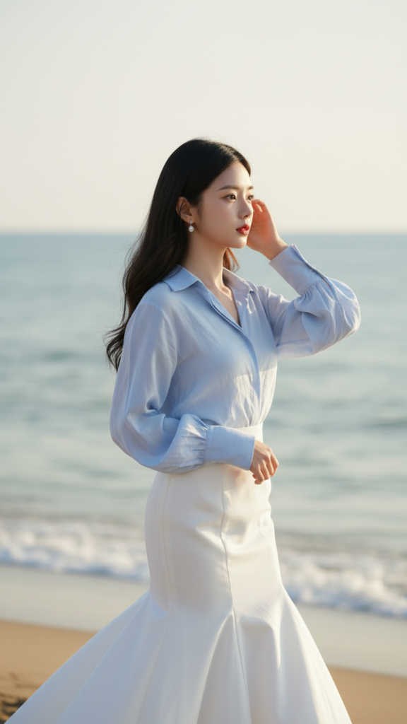 Chân dung thanh lịch của cô gái trẻ bên bờ biển tuyệt đẹp
