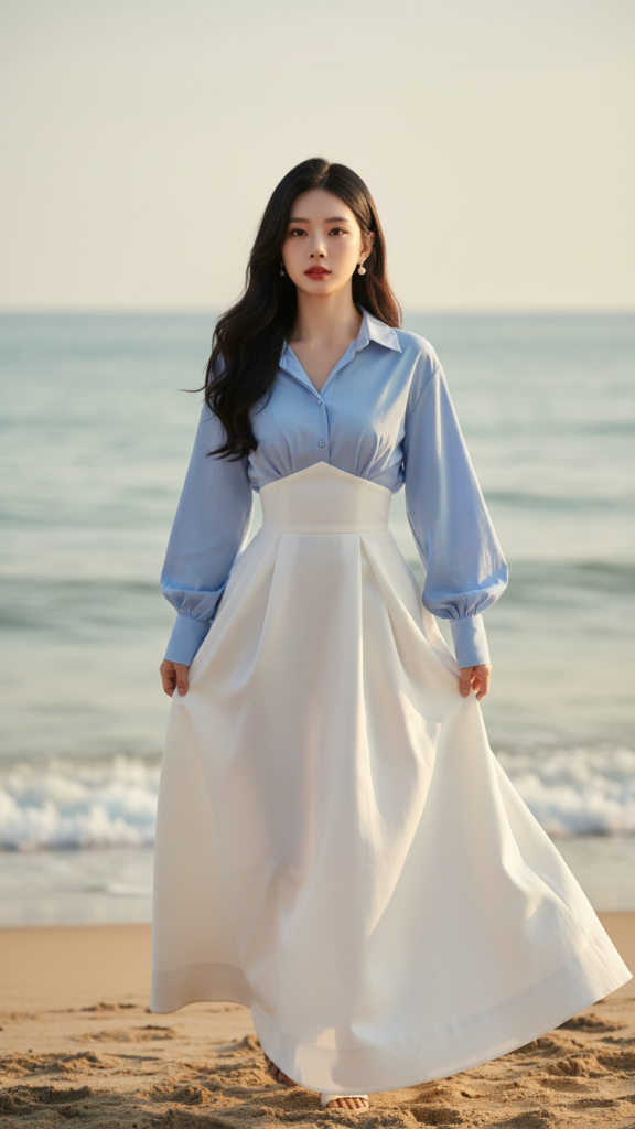 Chân dung thanh lịch của cô gái trẻ giữa phong cảnh biển tuyệt đẹp