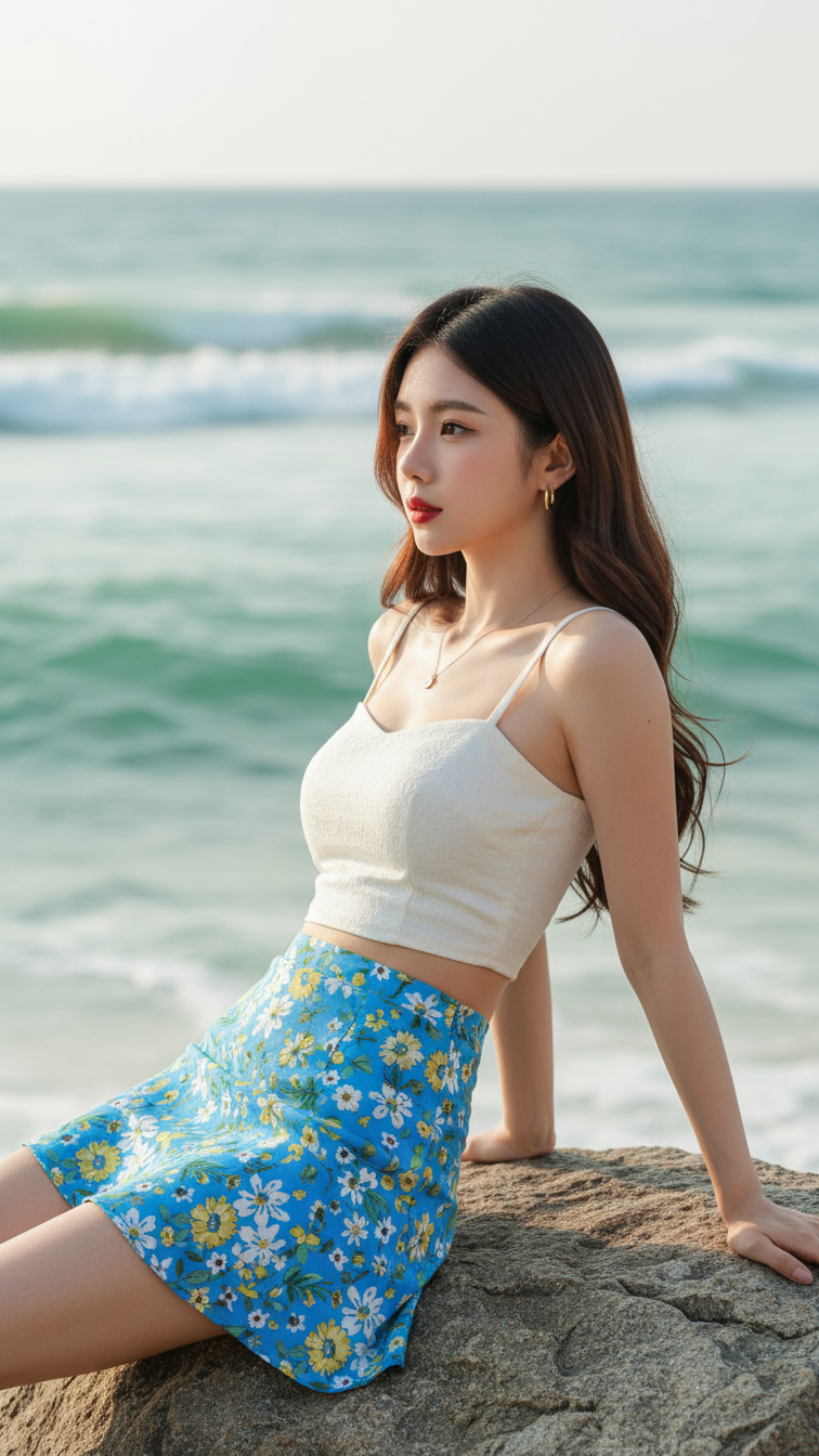 Chân dung cô gái trẻ tự tin và thanh lịch bên bờ biển mùa hè