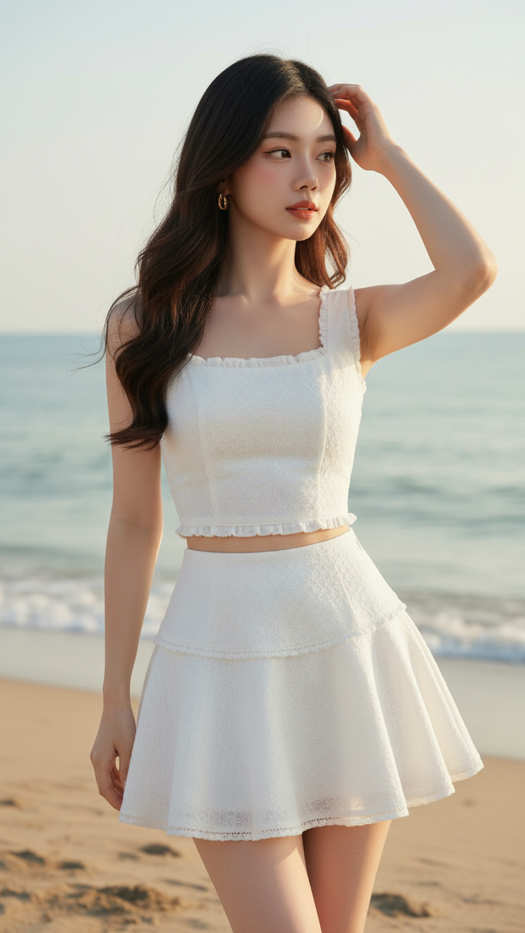 Chân dung cô gái trẻ bên bãi biển với phong cách tự tin và thanh lịch