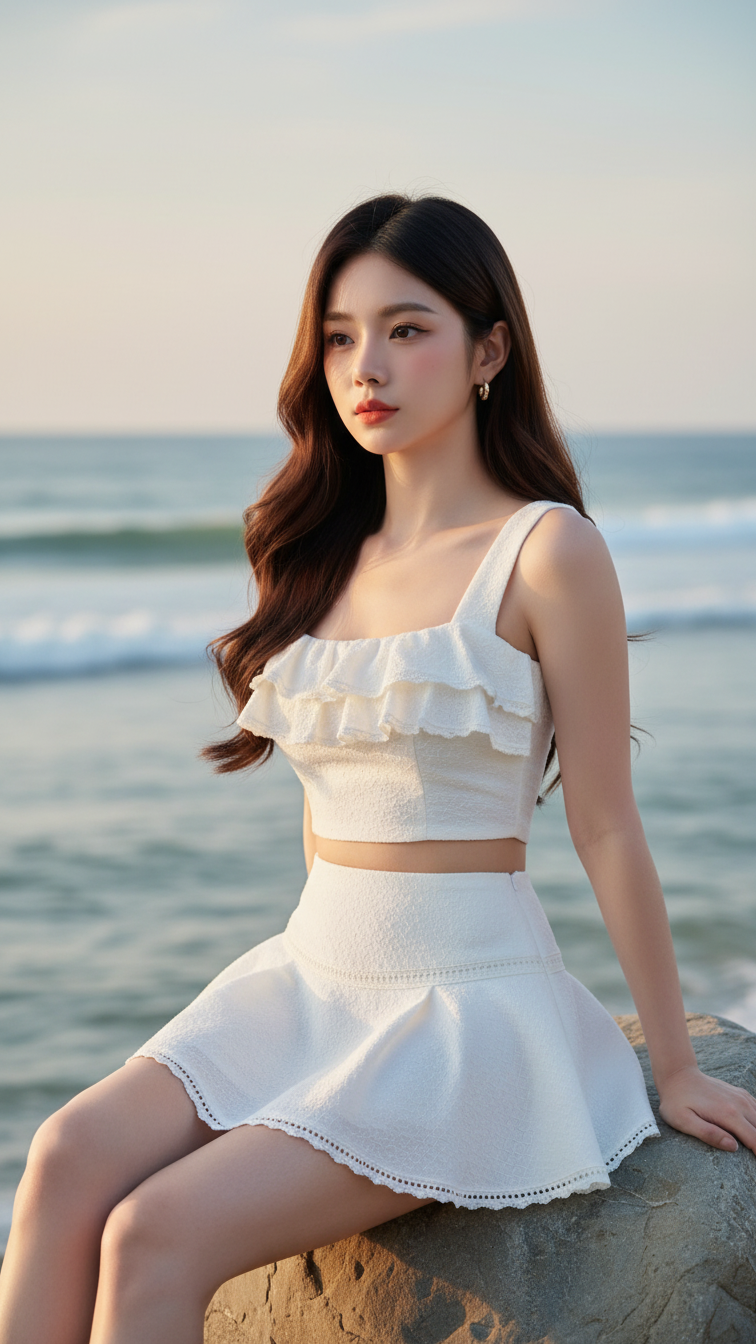 Chân dung cô gái trẻ tự tin bên bờ biển với phong cách chi tiết và tự nhiên