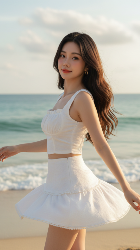 Chân dung cô gái trẻ tự tin bên bờ biển với vẻ đẹp tự nhiên và phong cách thời trang ấn tượng