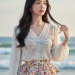 Chân dung cô gái trẻ bên bờ biển với phong cách thời trang tinh tế và thanh lịch