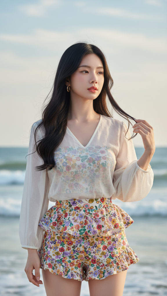 Chân dung cô gái trẻ bên bờ biển với phong cách thời trang tinh tế và thanh lịch