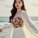 Vẽ chân dung cô gái trẻ xinh đẹp bên bờ biển với gu thời trang ấn tượng