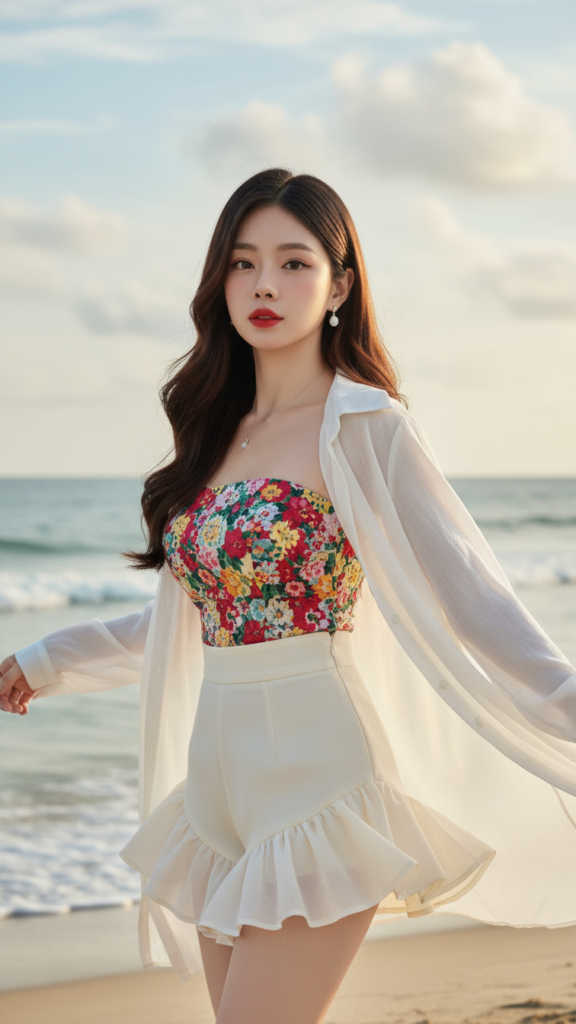 Vẽ chân dung cô gái trẻ xinh đẹp bên bờ biển với gu thời trang ấn tượng