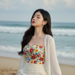 Chân dung thanh lịch của cô gái châu Á bên bờ biển bình yên
