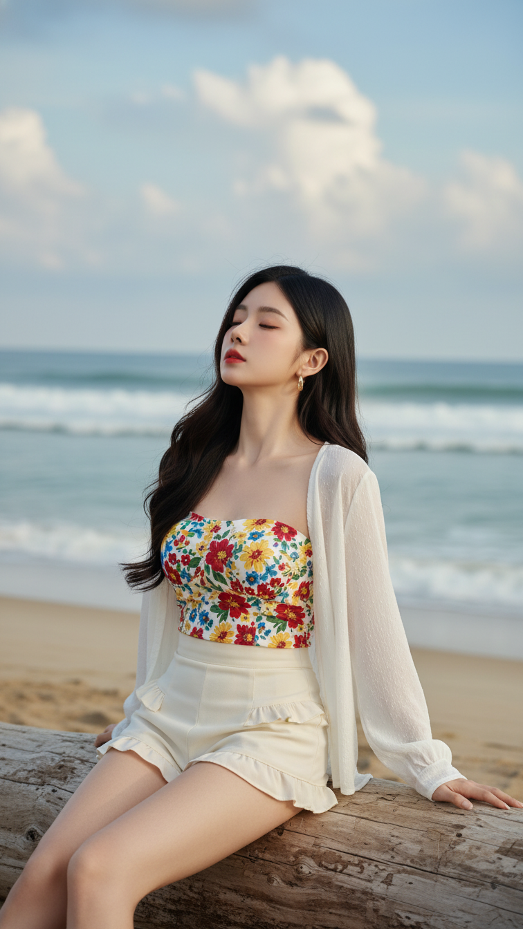 Chân dung thanh lịch của cô gái châu Á bên bờ biển bình yên