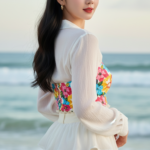 Chân dung thanh lịch của cô gái châu Á bên bờ biển tuyệt đẹp