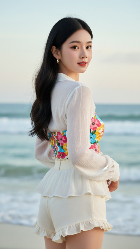 Chân dung thanh lịch của cô gái châu Á bên bờ biển tuyệt đẹp