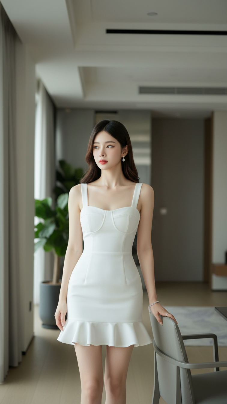 Vẽ chân dung thực tế của cô gái trẻ tự tin và thanh lịch trong không gian hiện đại