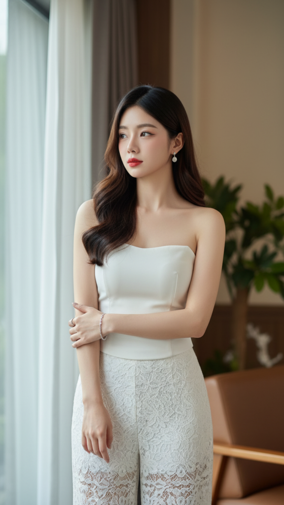 Chân dung hiện thực của cô gái trẻ thanh lịch trong không gian ấm cúng và hiện đại