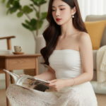 Chân dung thanh lịch của cô gái trẻ trong không gian ấm cúng và hiện đại