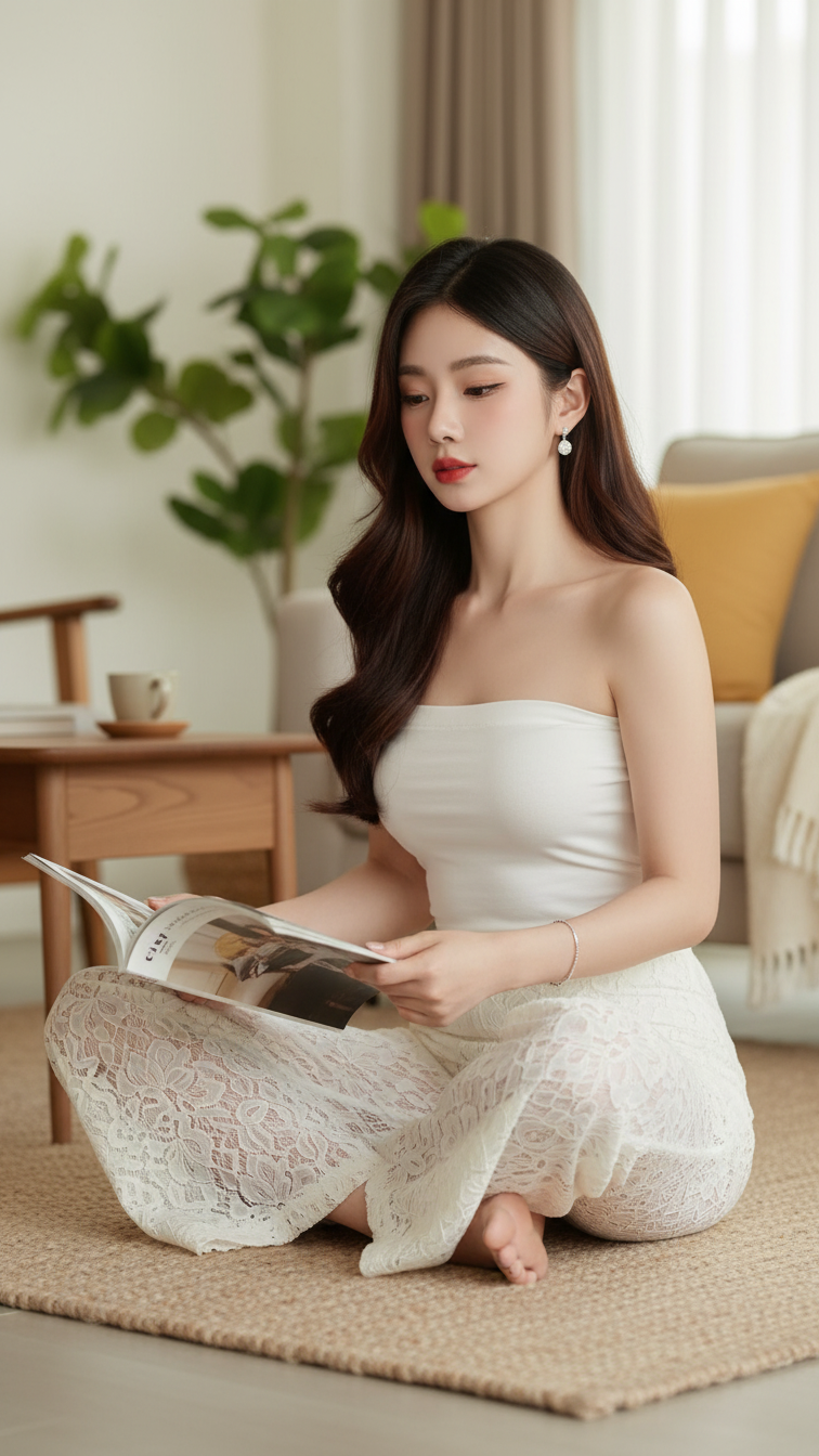 Chân dung thanh lịch của cô gái trẻ trong không gian ấm cúng và hiện đại