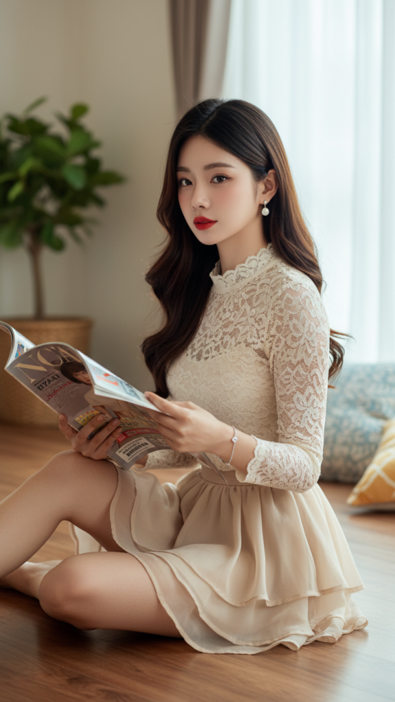Chân dung trẻ trung của cô gái châu Á thanh lịch trong không gian ấm cúng và thời thượng