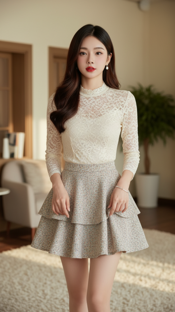 Chân dung thanh lịch của cô gái trẻ trong không gian ấm cúng và tinh tế