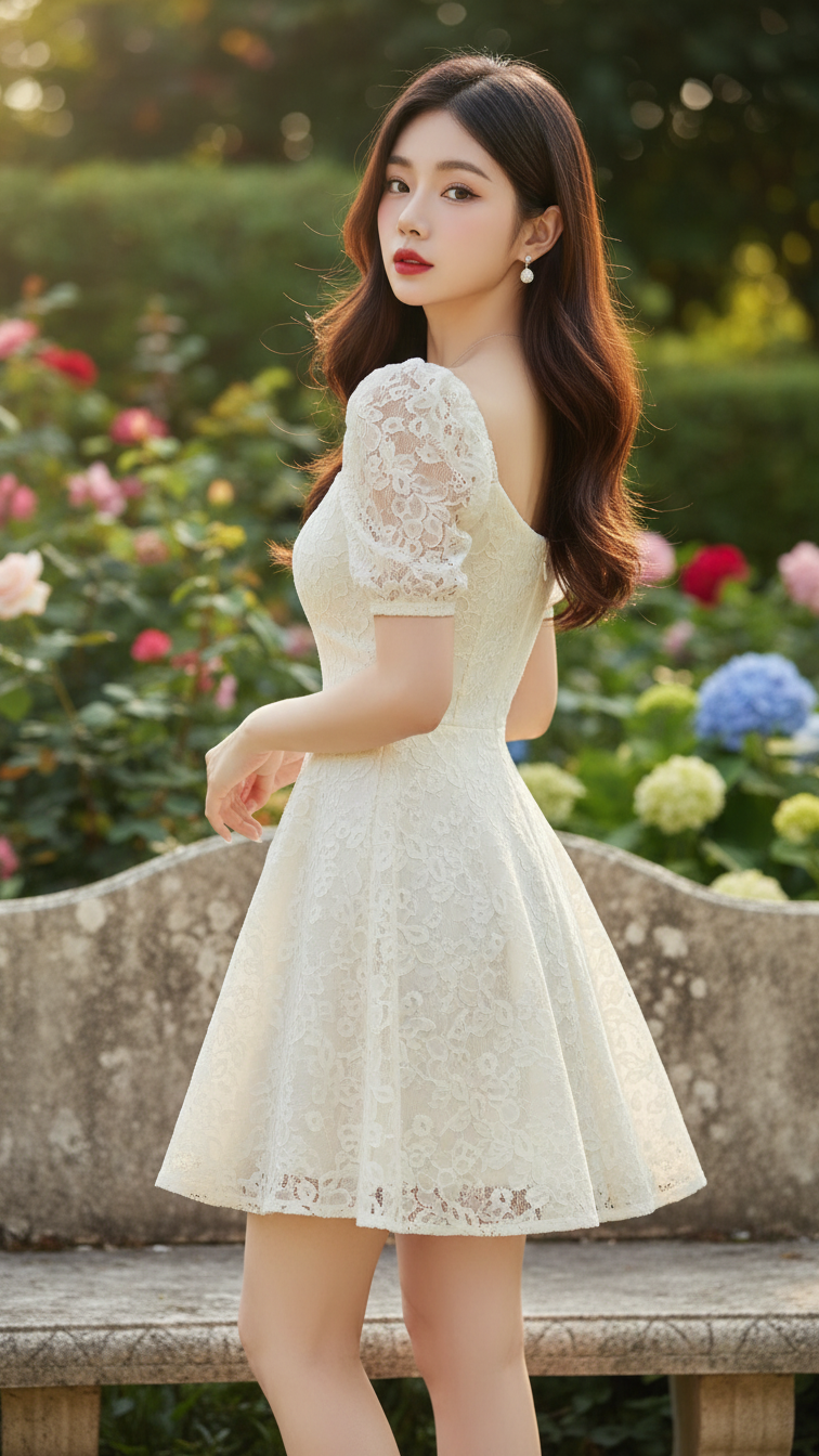 Chân dung thanh lịch của cô gái trẻ trong khu vườn hoa rực rỡ