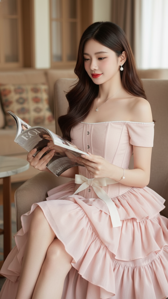 Chân dung thanh lịch của cô gái trẻ trong không gian ấm cúng và phong cách thời trang tinh tế