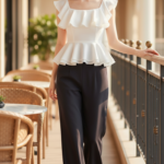 Chân dung cô gái trẻ hiện đại tại quán cà phê sang trọng ngoài trời